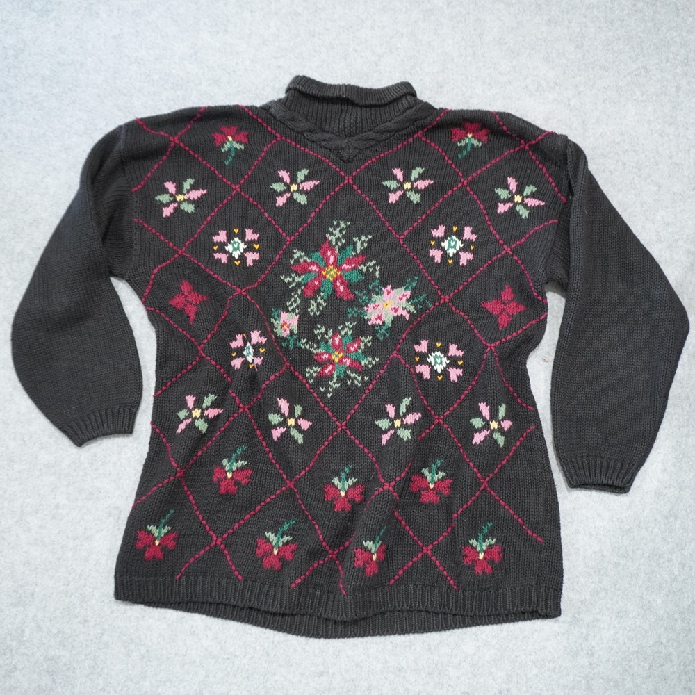 Boundary Waters Vintage Chunky Knit Floral Intarsia Mock Neck Sweater XL Black